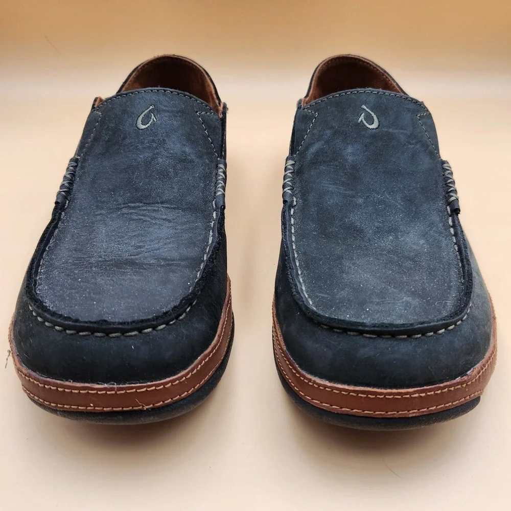 Olukai Moloa Mens Black Leather Slip On Casual Loafer Shoes 8.5 Suede 10128 4033